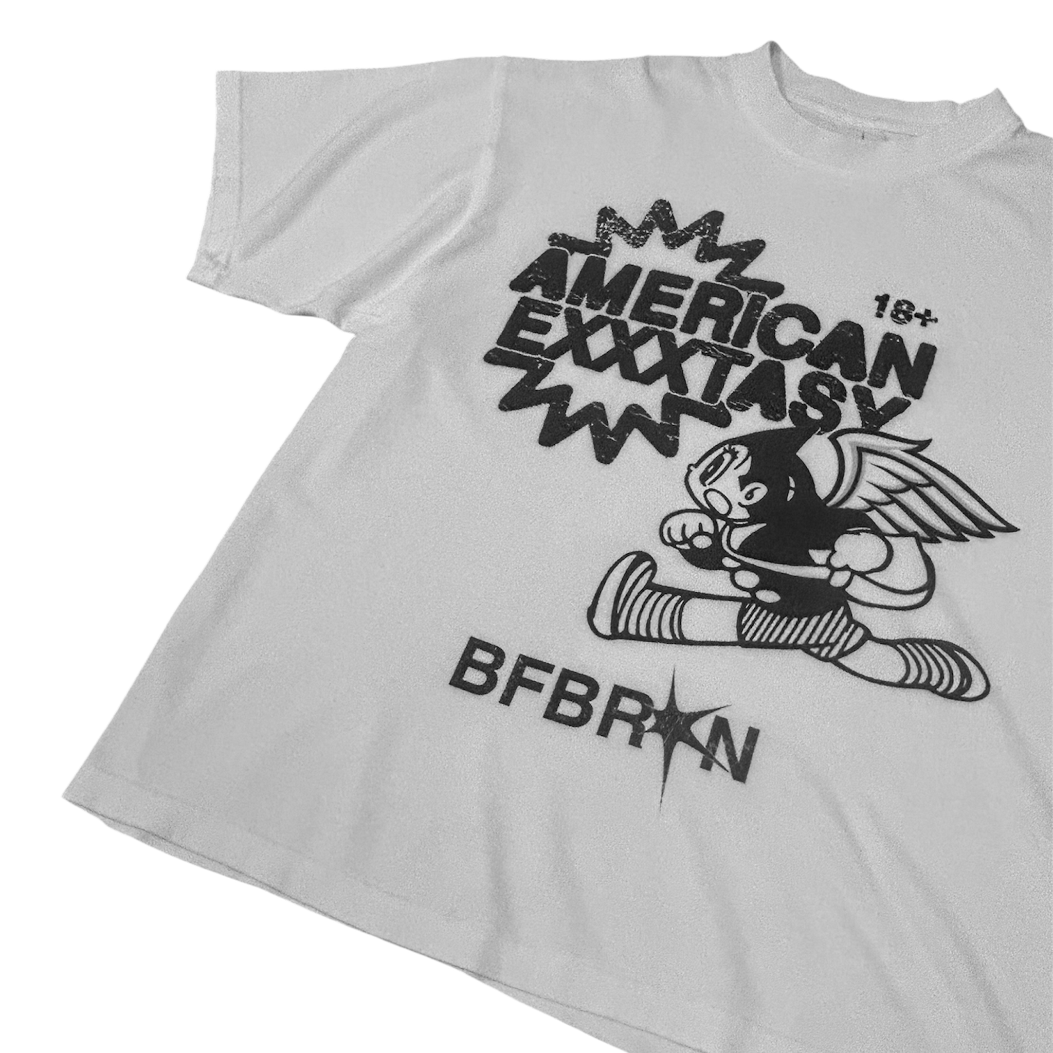 White t-shirt with black graphic design on a white background